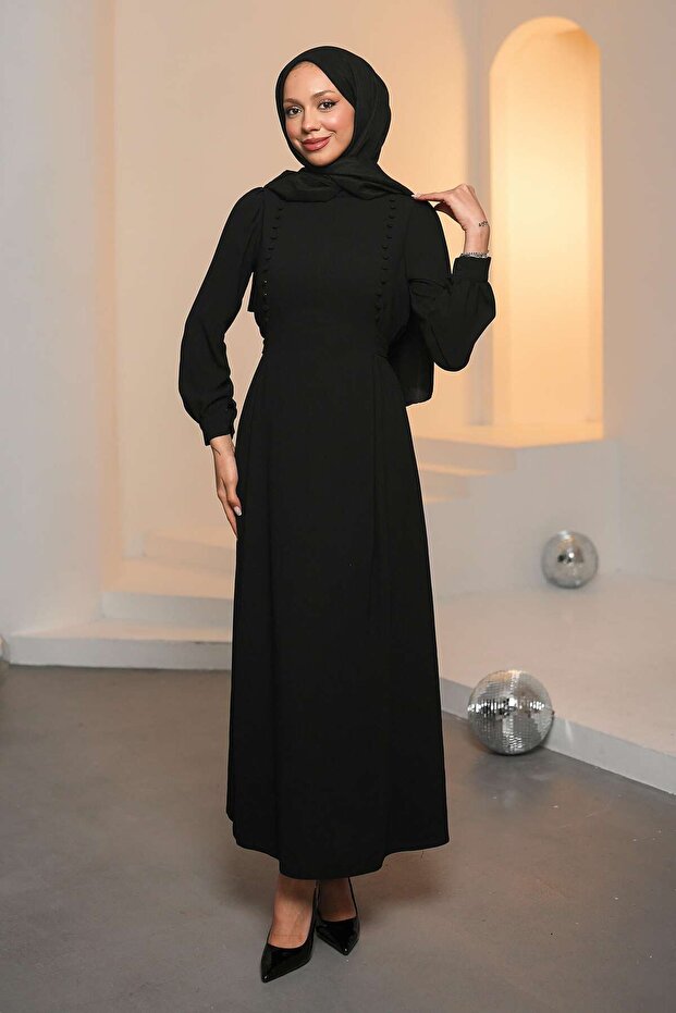 Black Button Detailed Belted Evening Dress