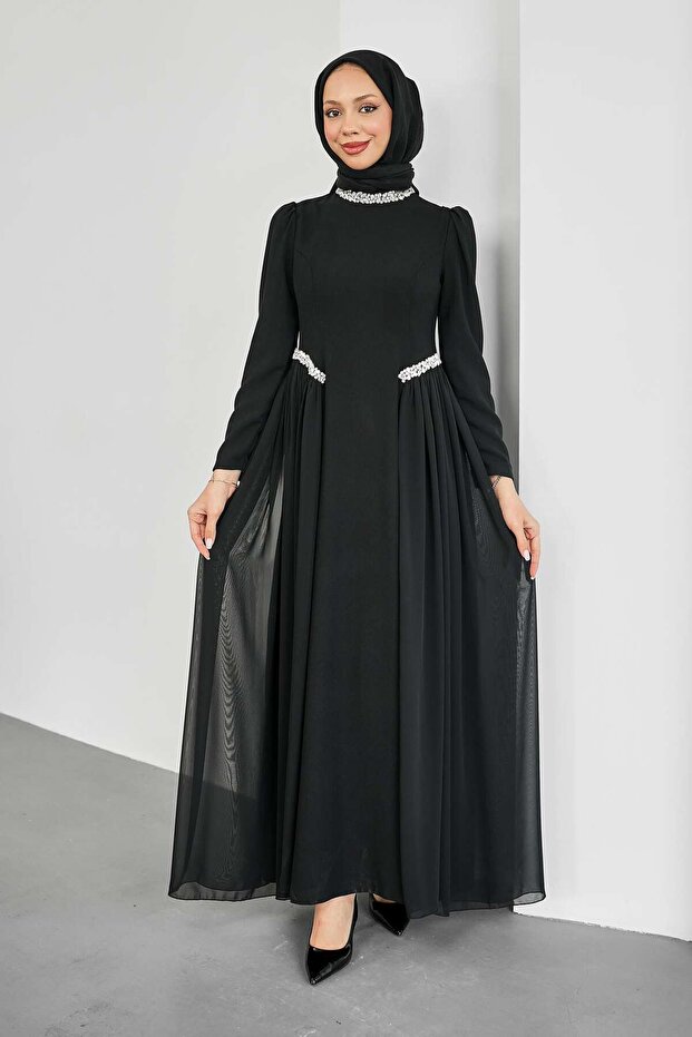 Black Collar and Waist Stone-Embellished Evening Dress with Tail