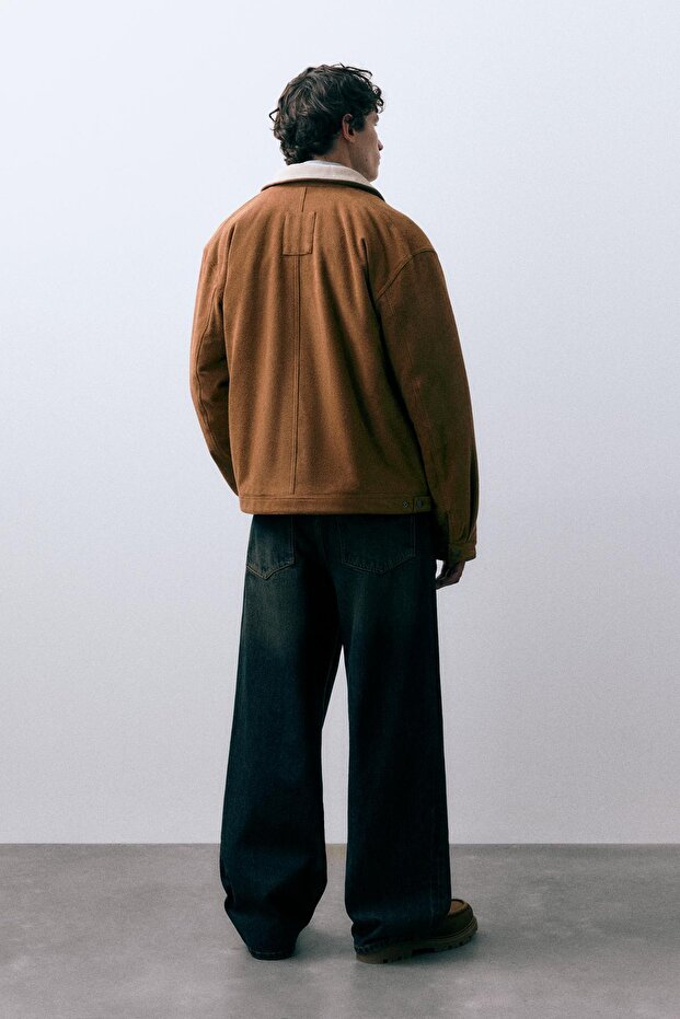 Kontrast yakalı suni süet ceket - 4