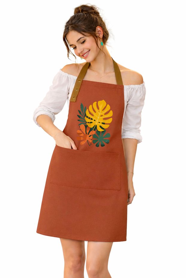 Fabric Kitchen Apron Stain Resistant Water Repellent Fabric Colorfast Print Monstera Potted Plants Floral Orange Apron