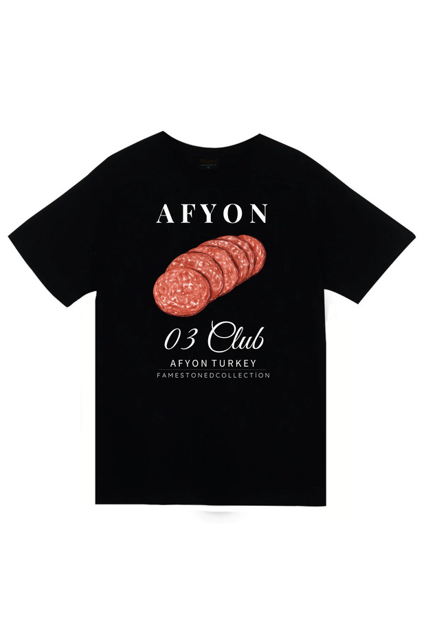 Afyon - 03 - Sucuk- Şehir Printed Unisex 100% Cotton Black T-Shirt