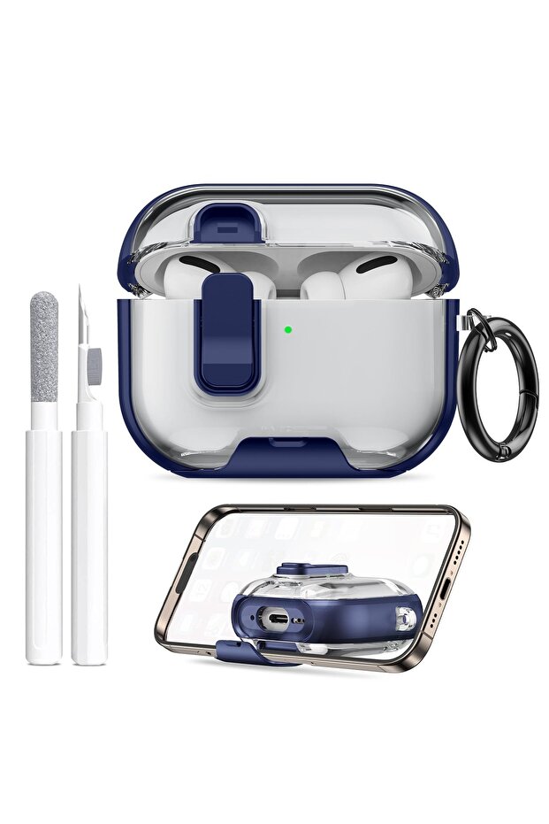 AirPods Pro 3 Case with Phone Stand &Cleaner Kit Protective Cover| TPU + PC Hybrid Cover- Blue