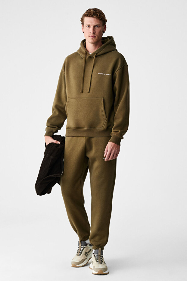Marshallhoodie men's cotton fleece-lined embroidered relaxed fit khaki tracksuit set