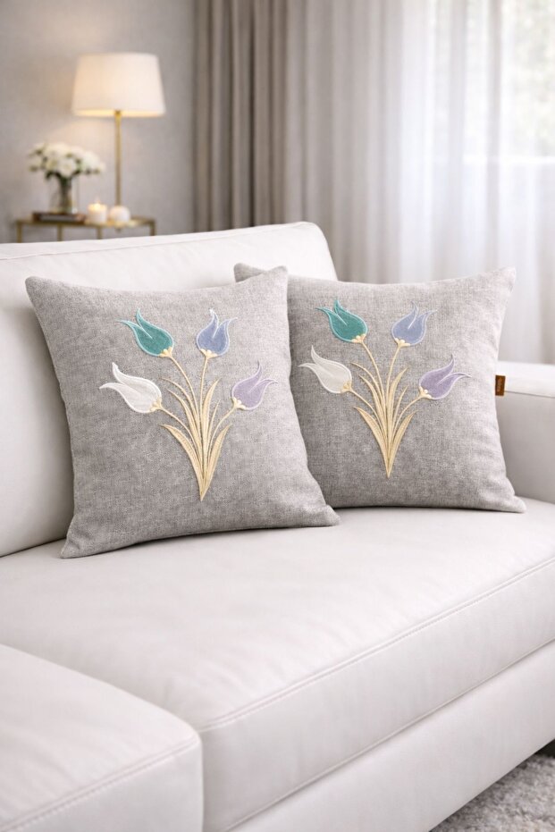Embroidered Tulip Sconce 2-Piece Throw Pillow Cover Beige Color