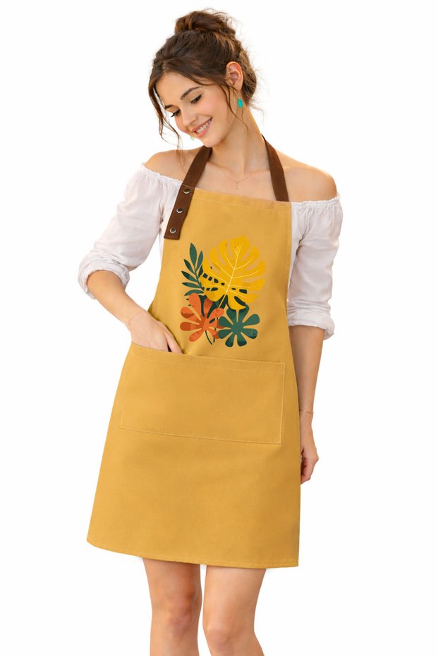 Fabric Kitchen Apron Stain Resistant Water Repellent Fabric Colorfast Print Monstera Potted Plants Floral Yellow Apron