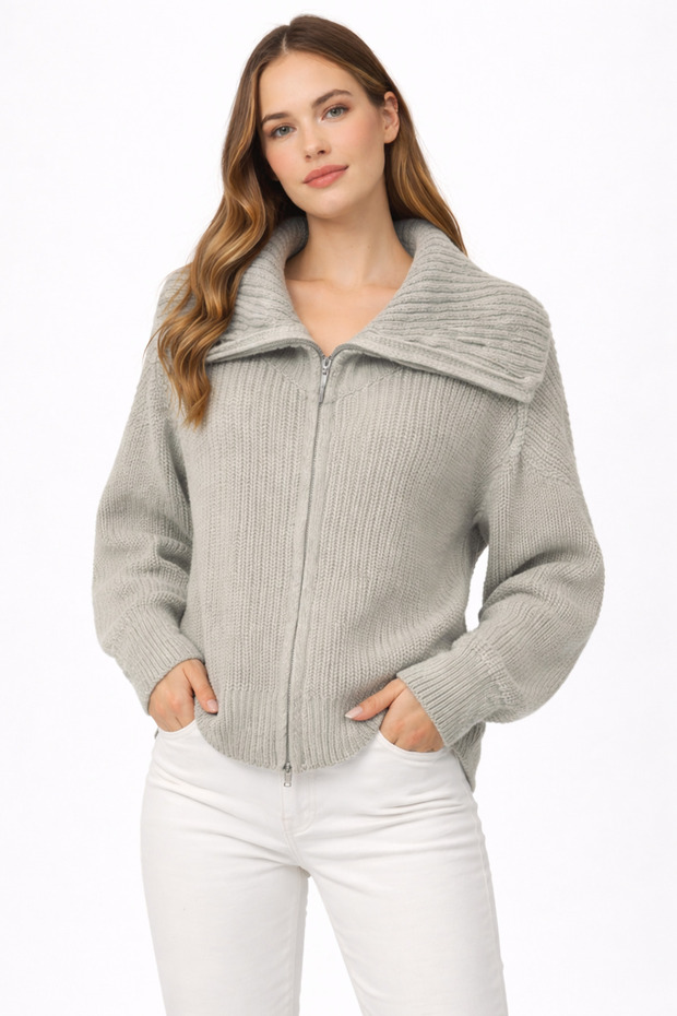 Devrik Yaka Fermuarlı Hırka - 1