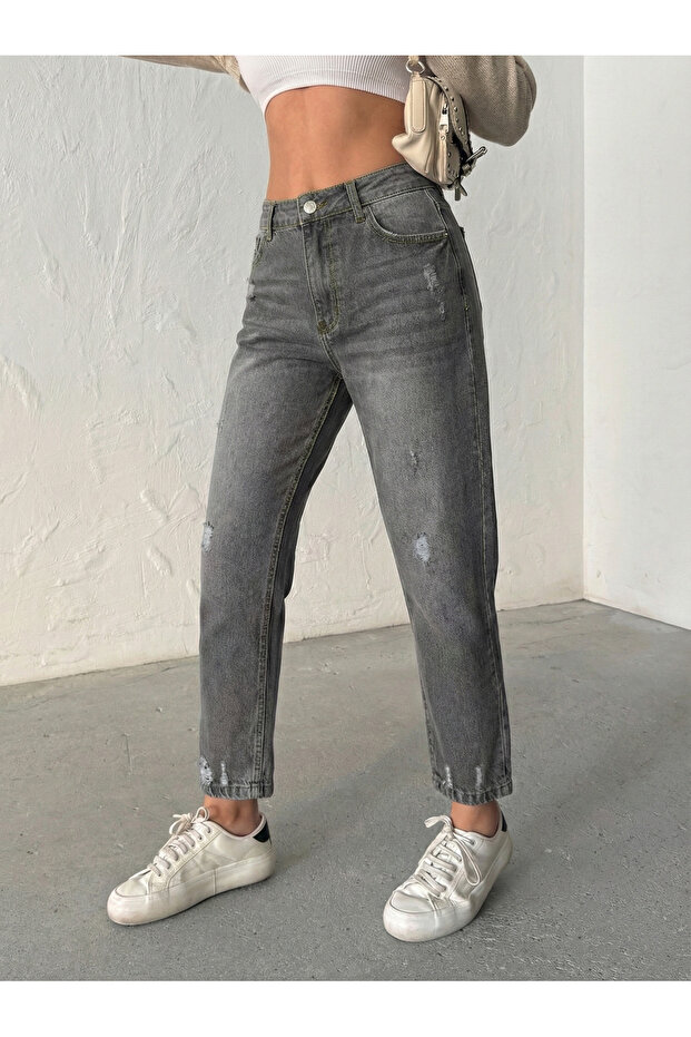 Smoked Finished High Waist Full Fit Laser Processed Mom Jeans