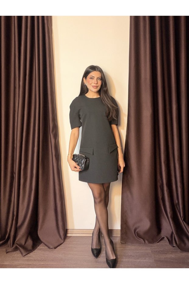 Women's Bombe Shoulder Dress with Shoulder Pad Decorative Pockets