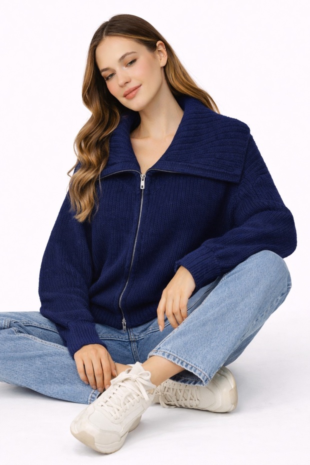 Devrik Yaka Fermuarlı Hırka - 2