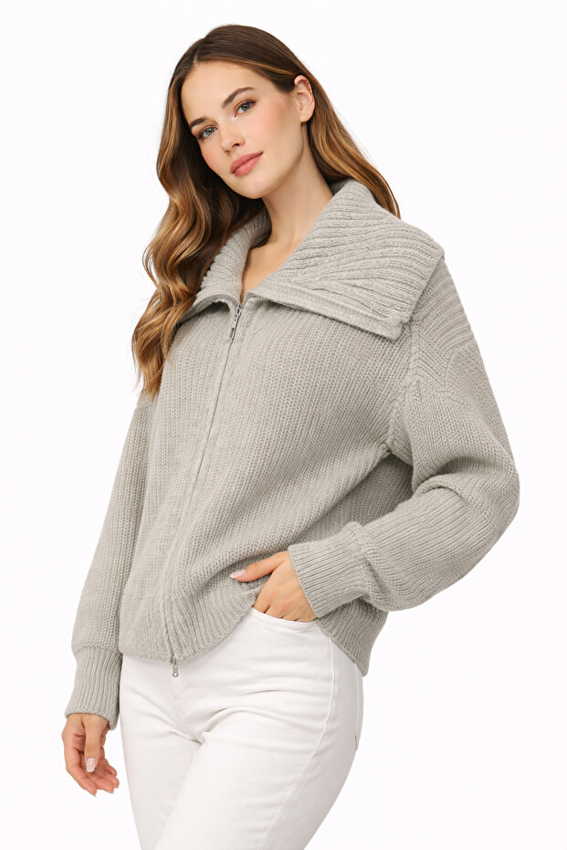 Devrik Yaka Fermuarlı Hırka - 2