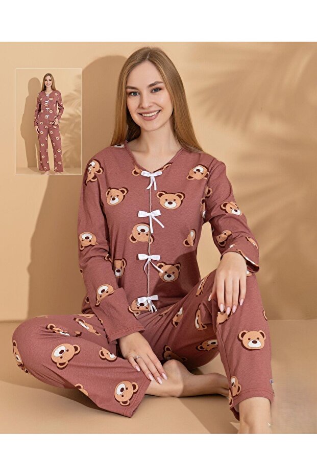 Teddy Bear Patterned Bow Detailed Women's Pajama Set – Brown