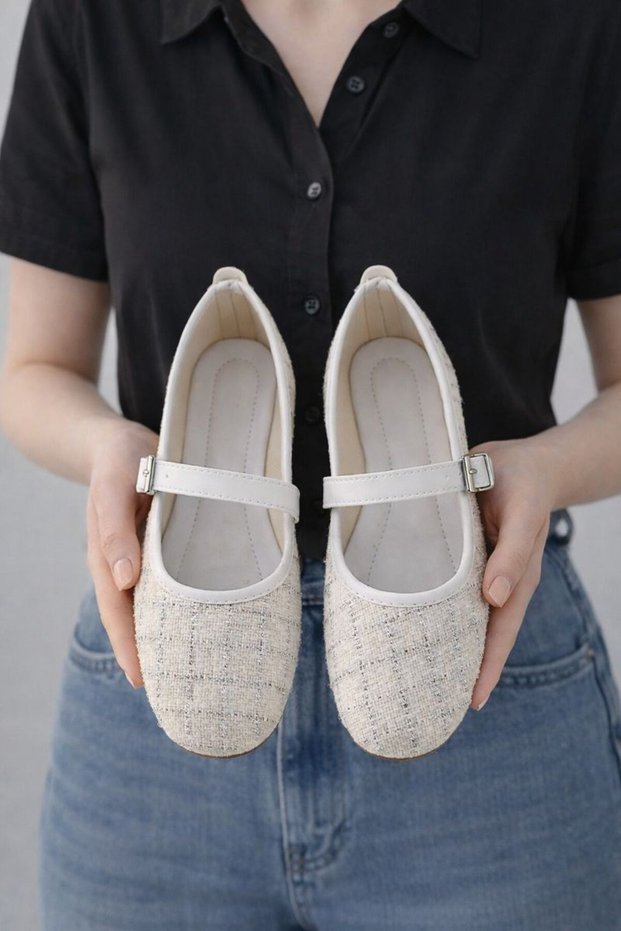 White Tweed Fabric Mary Janes Ballet Flats Stylish Buckled Comfortable Sole Daily Shoes BYNDLCK01