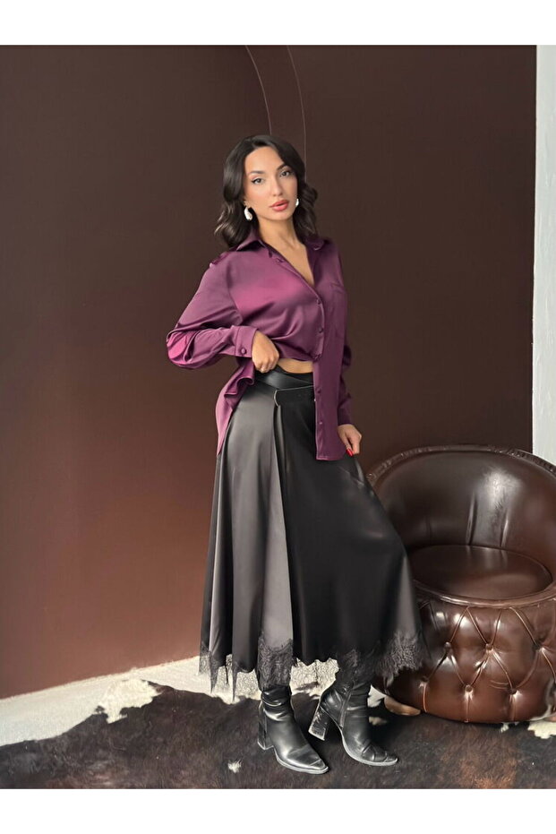 Tek Cep Detaylı Saten Gömlek - 3