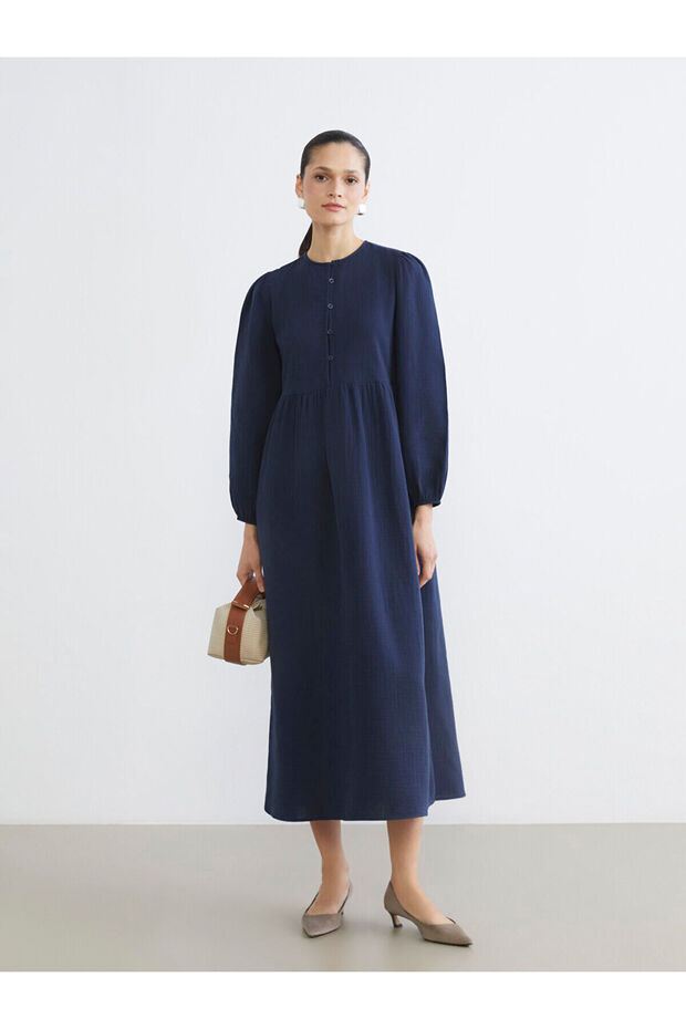 Lcw Modest Indigo Crew Neck Balloon Sleeve Muslin Dress