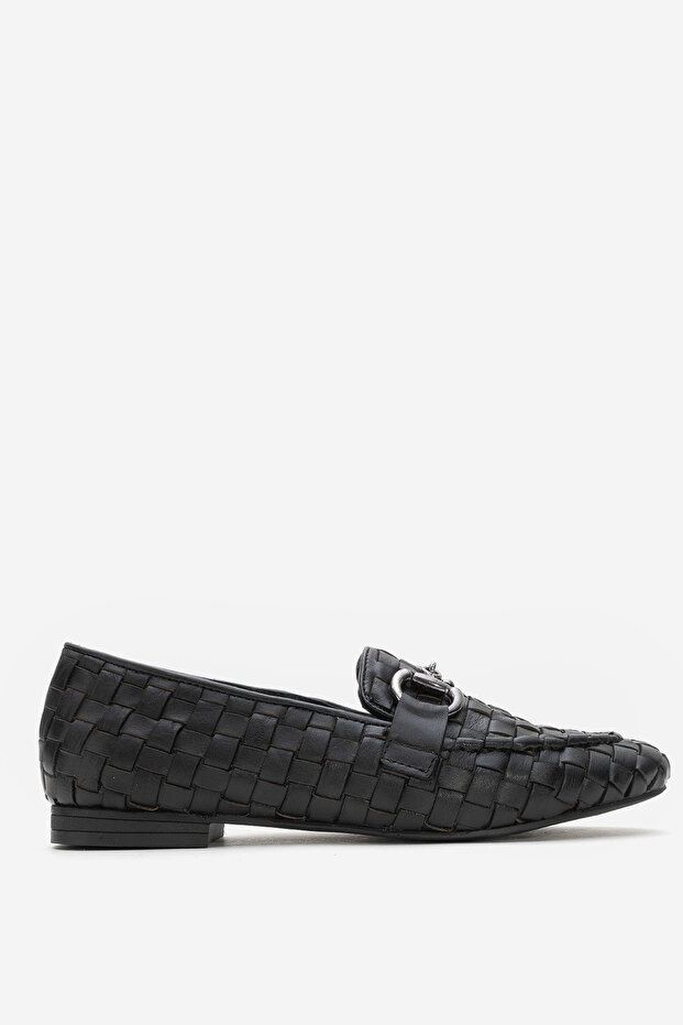 Women's Buckled Braided Loafer Real Leather Zy 8198 Black