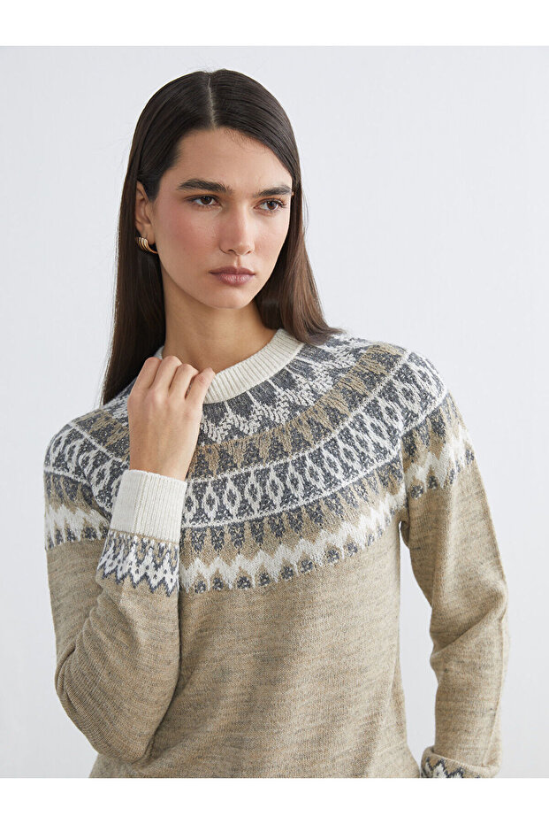 Beige bicycle collar patterned women's knitwear sweater from plus-store