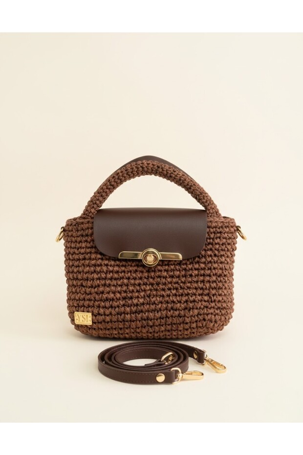 Women's Hand Knitted Macrame Shoulder Bag - Straw Look Crossbody Mini Bag with Leather Cover