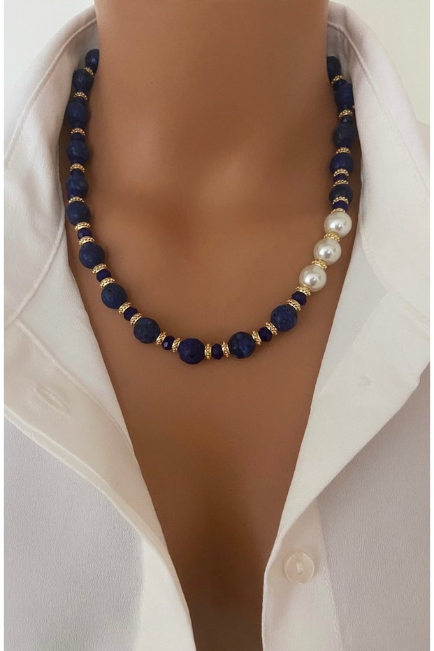 Natural Stone Navy Blue Lapis Stone Pearl Detail Gold Plated Special Design Women's Necklace in Gift Box