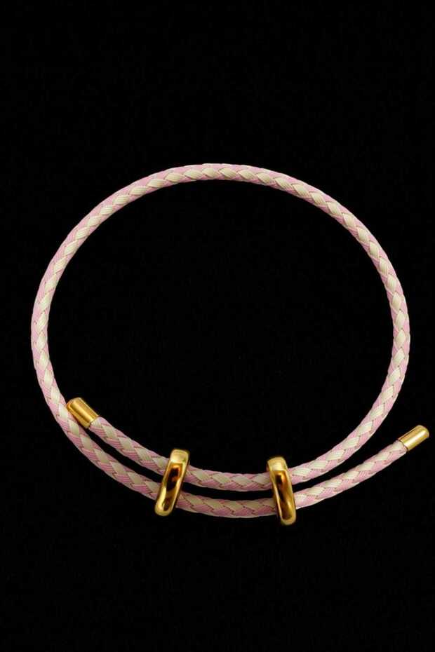 Double Row Braided Women's Bracelet Pink Cream Gold Metal Detailed Adjustable Gift