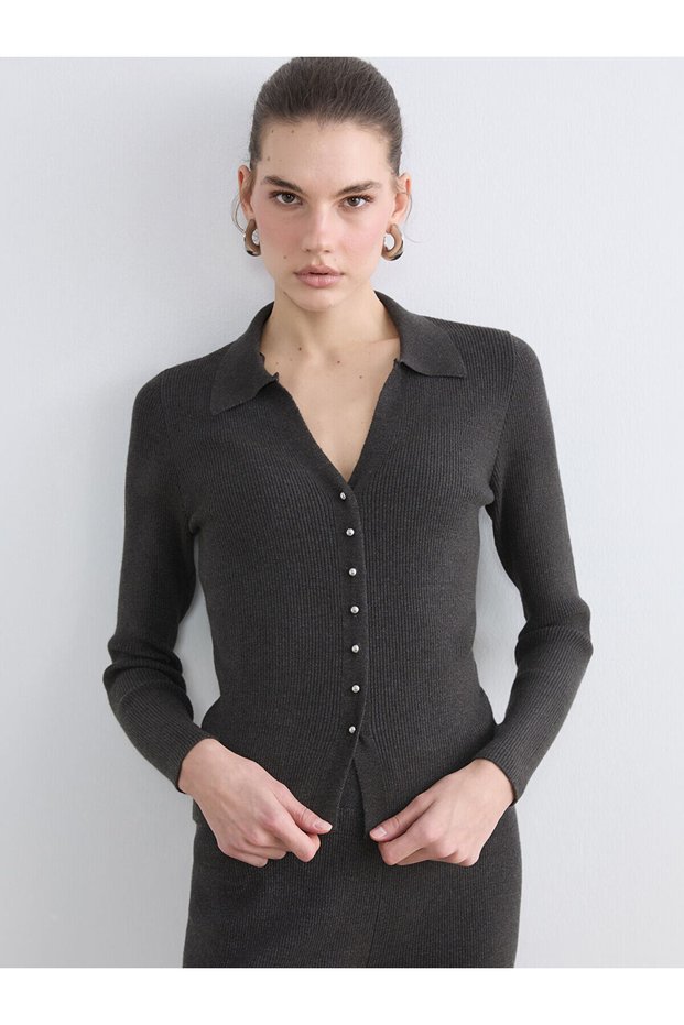 Lcw Vision Anthracite Polo Collar Women's Knitwear Cardigan