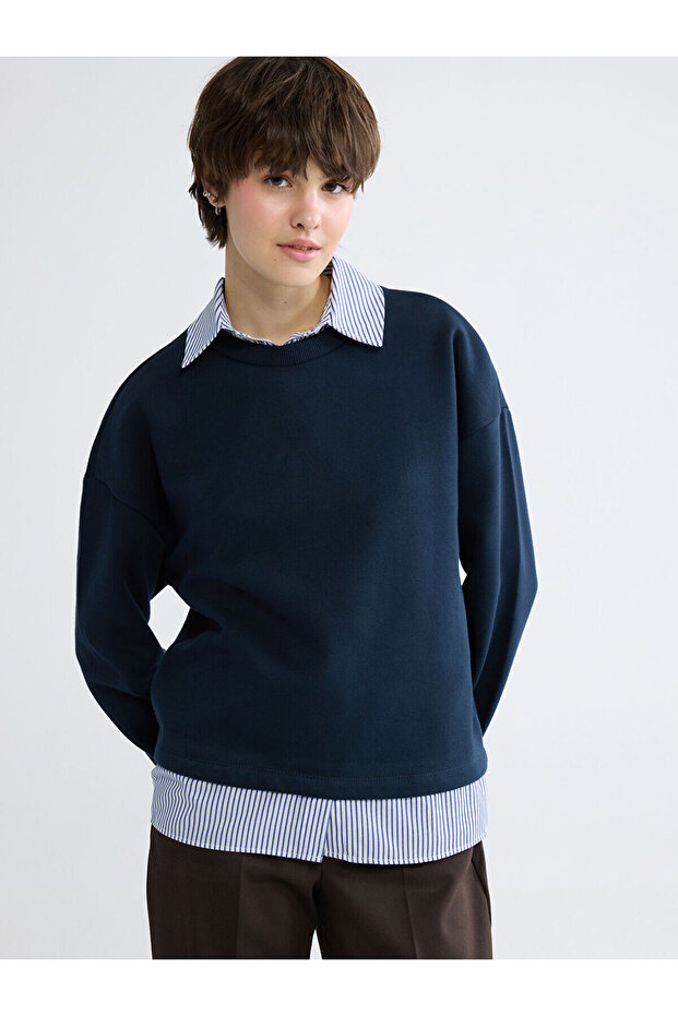 Navy Blue Shirt Collar Women's Thick Sweatshirt