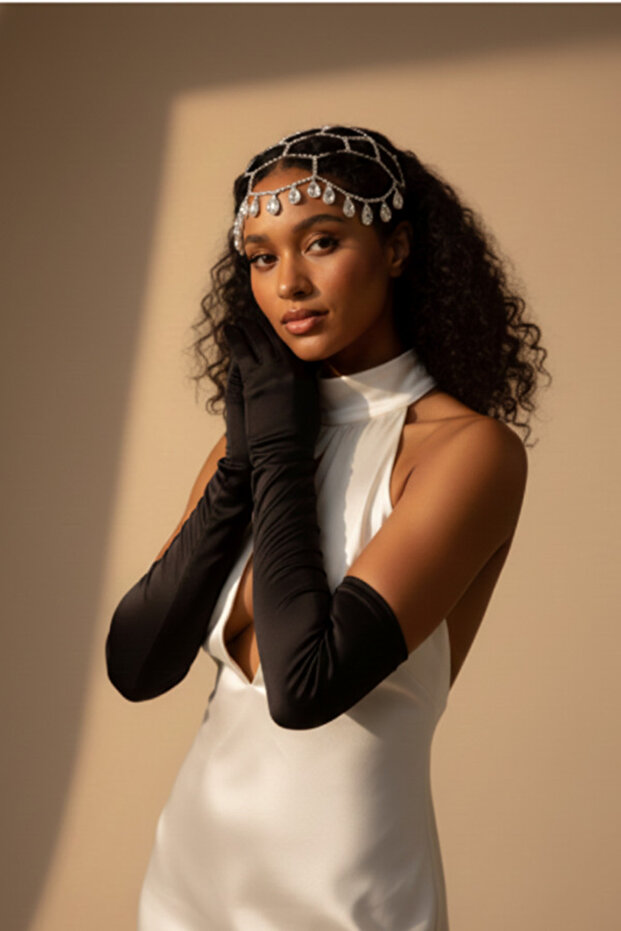 Luxury Bridal and Evening Accessory Set - Crystal Drop Stone Frontlet and Long Black Satin Gloves