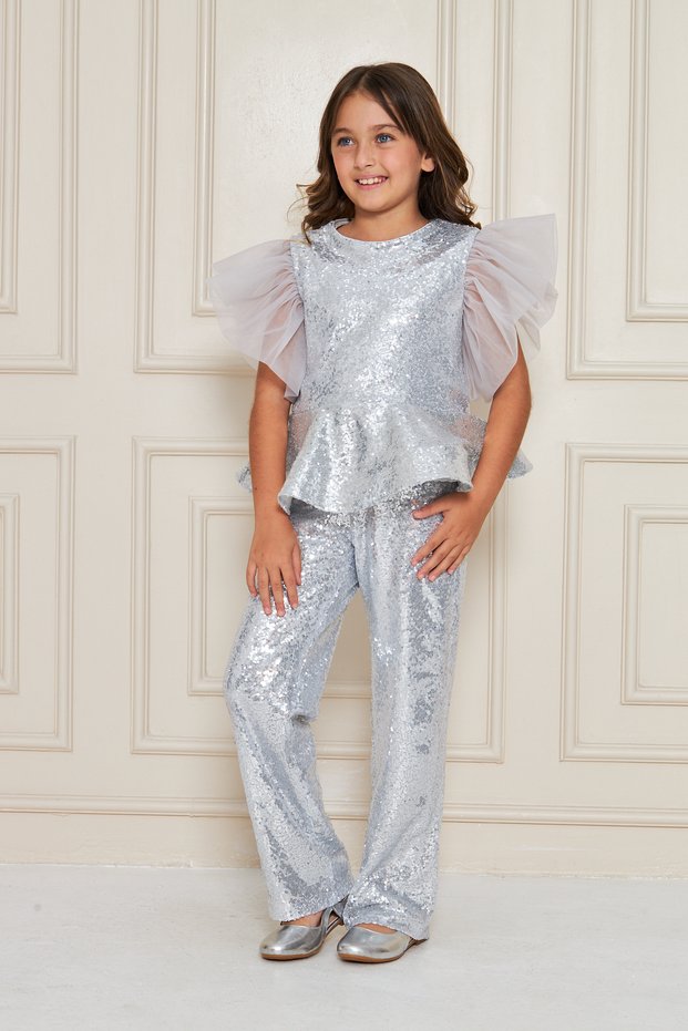 Grey Sequined Pants Blouse Girl Children Evening Dresses Graduation