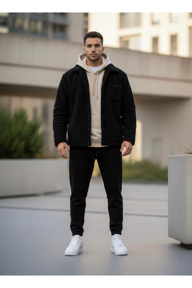 Moda Men's 3-Ply Shirt Fleece-Lined Rem Sweat Black Tracksuit Black 3-Piece Combination with Plush Jacket