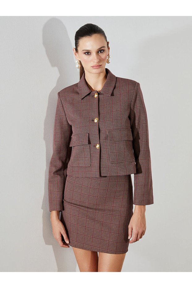 Özmarka New Season Shirt Collar Plaid Women's Jacket