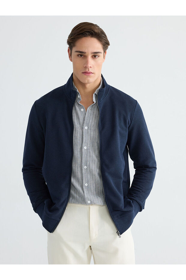 Lcwaikiki Classic Navy Blue Standard Fit Mock Neck Men's Zippered Sweatshirt