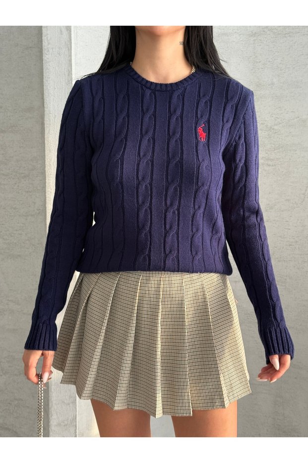 Women's Crew Neck Embroidery Detailed Hair Knit Sweater