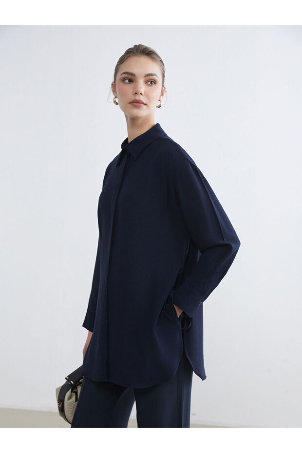 Lcw Modest Navy Blue Tie Detail Women's Shirt Tunic