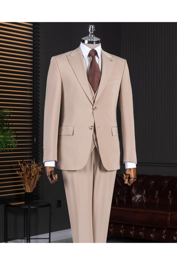 Italian Style S Slim Fit Peaked Lapel Jacket Vest Pants Suit Beige T14859