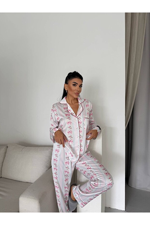 Digital Ribbon and Flower Printed Pajama Set with Buckle