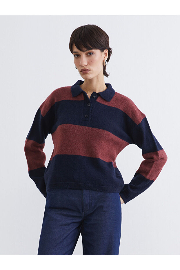 Nevavm Women's Striped Polo Collar Knit Sweater with a Difference