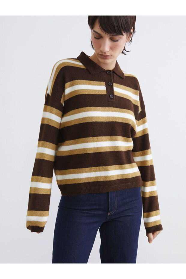 Create Your Style with Uzg Store Brown Polo Neck Striped Women's Knitwear Sweater