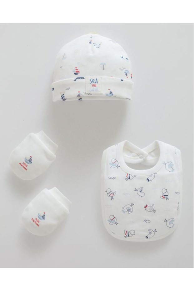 İncibaby 100% Cotton Marine Sailor Detailed 3-Piece Set (Beanie, Gloves, Apron) New Season 2026