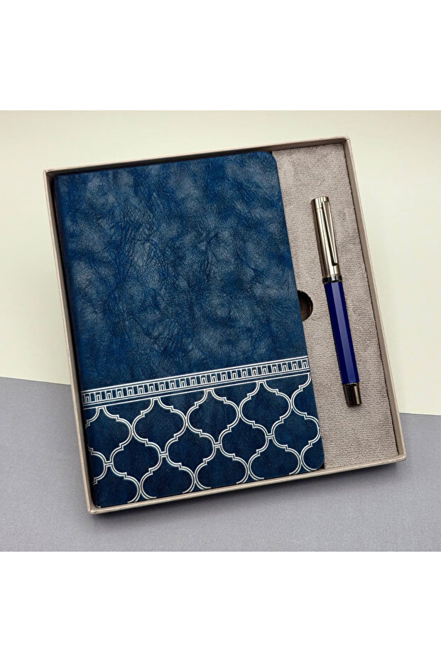 Boxed Patterned Leather Notebook and Metal Rollerball Pen Set