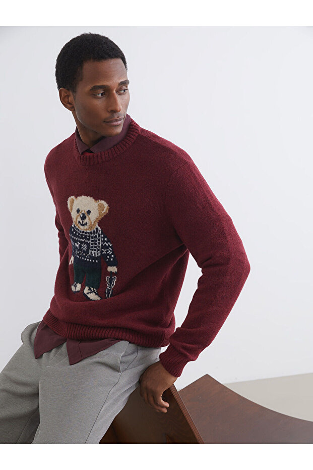 Crew Neck Bear Teddy Printed Men's Knitwear Sweater