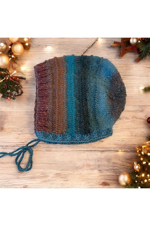 Hand Knitted Laura Lora Baby Beanie - Hat Bonnet Burgundy Coffee Blue 2-4 Years