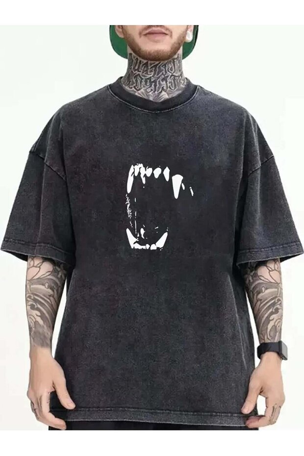 Washed Fang Printed Unisex Oversize Vintage T-Shirt