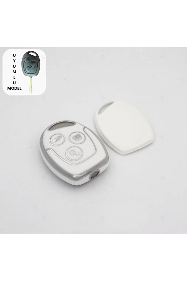 Ford Compatible Focus, Transit, Fiesta, Modeo, Fusion, Ka, Galaxy Silver Edge Tpu Key Case Cover (White)