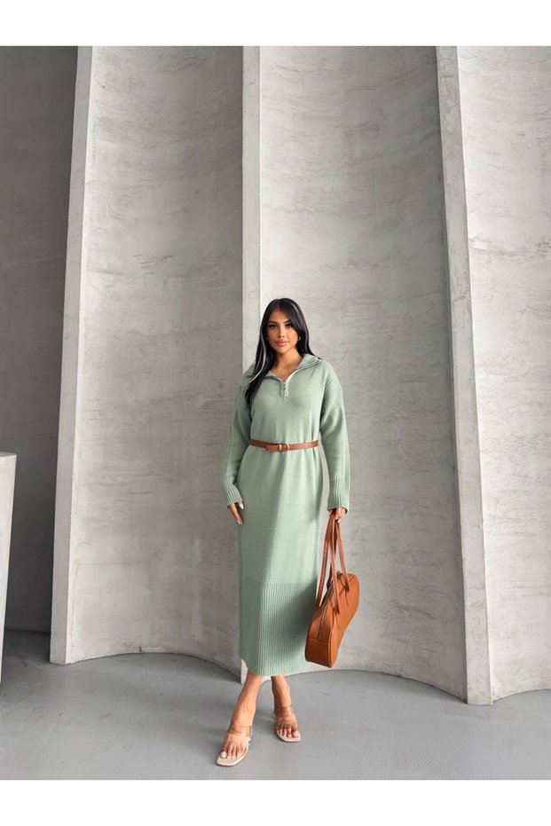 Women's Zippered Ribbed Detailed Knitwear Dress
