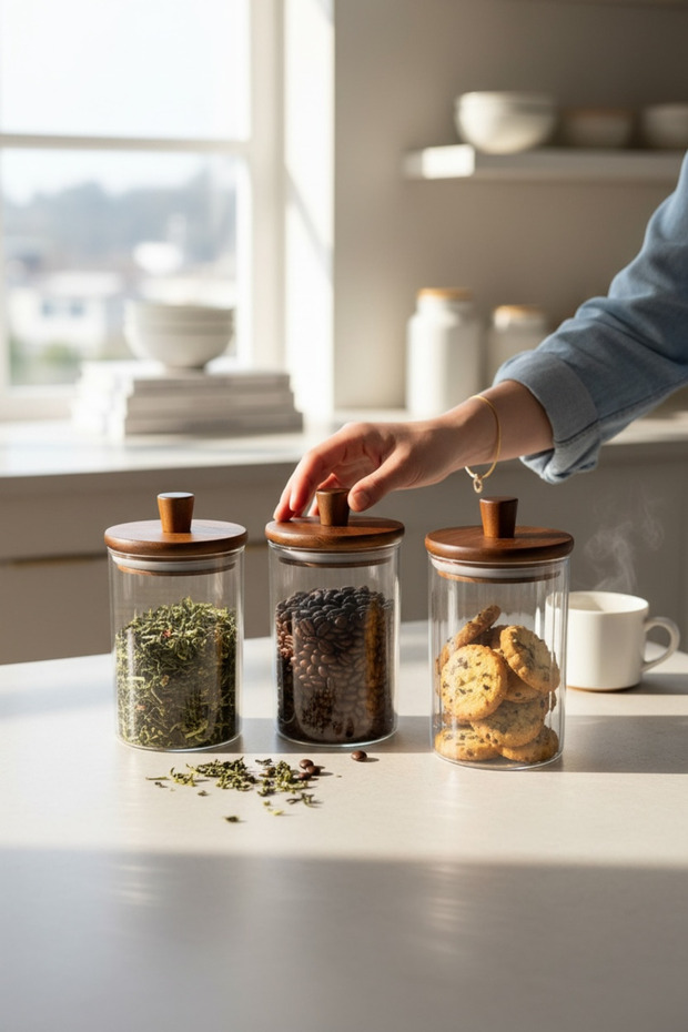 3-Piece Acacia Lid Glass Jar Set 420 ml | Spice Jar – Coffee – Sugar Jar | 16X8 cm