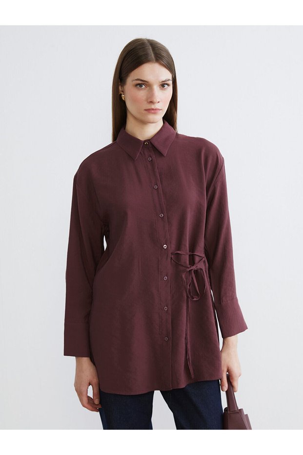 Burgundy women's shirt tunic with tie detail from gülis store