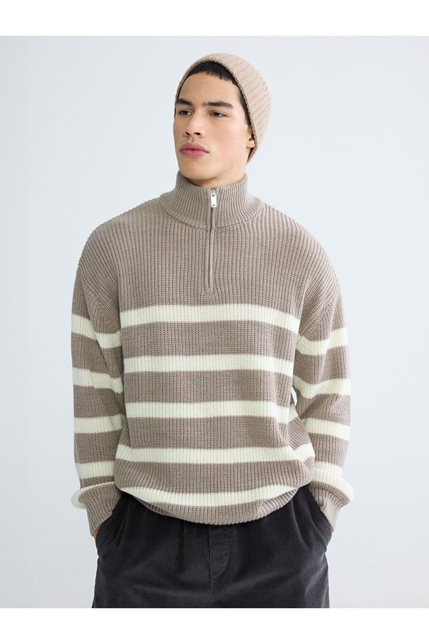 Özmarka New Season Zippered Mock Neck Striped Men's Knitwear Sweater