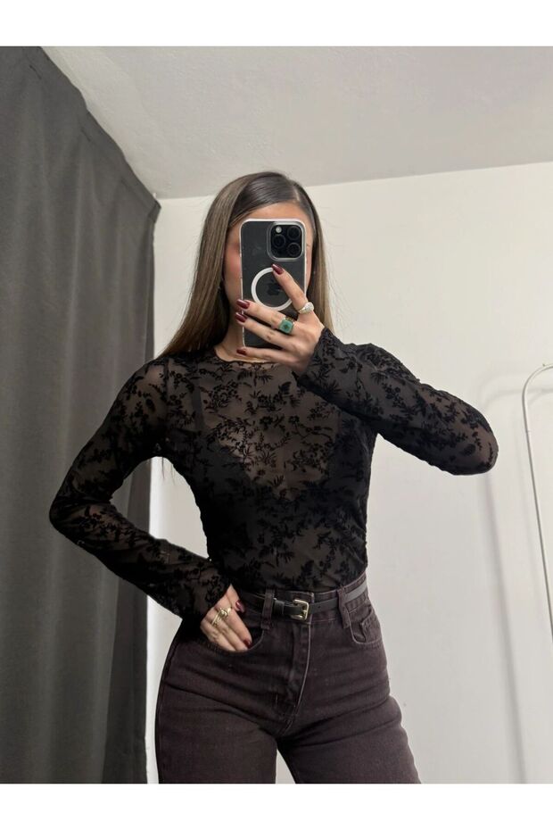 Women's Black Patterned Sheer Tulle Blouse - Long Sleeve Lace Detailed Crop/ Slim Fit Body