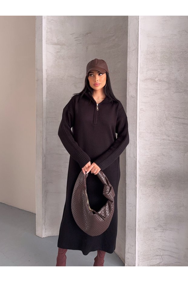 Women's Zippered Ribbed Detailed Knitwear Dress