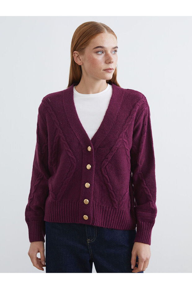 Burgundy V-Neck Self-Patterned Women's Knitwear Cardigan