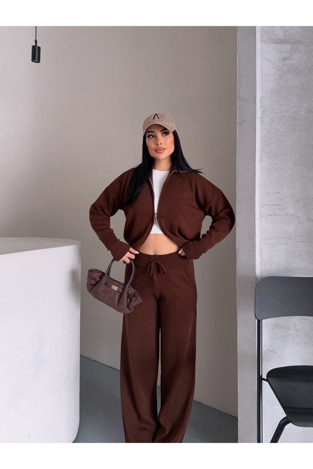 Women's Half Turtleneck Double Zipper Pocket Knitwear Set